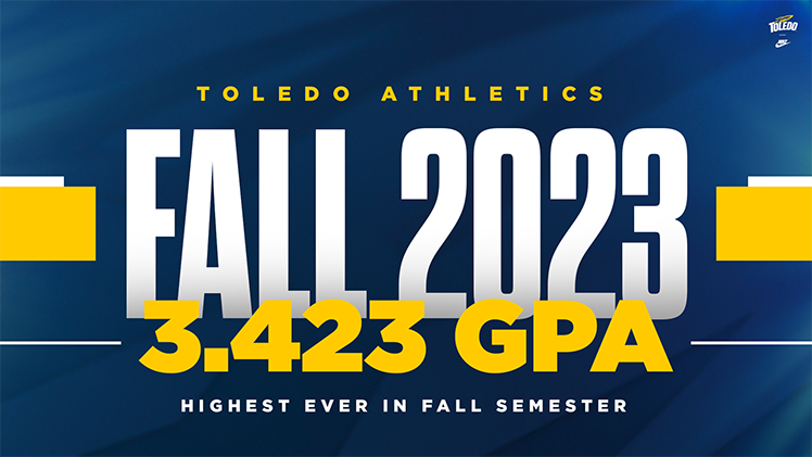 Promotional graphic for University of Toledo student-athletes earning a record grade point average of 3.423 in the 2023 fall semester.