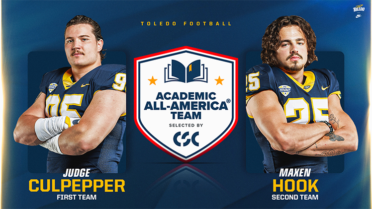 Promotional graphic announcing that Toledo football players Judge Culpepper and Maxen Hook made the Academic All-America Team.