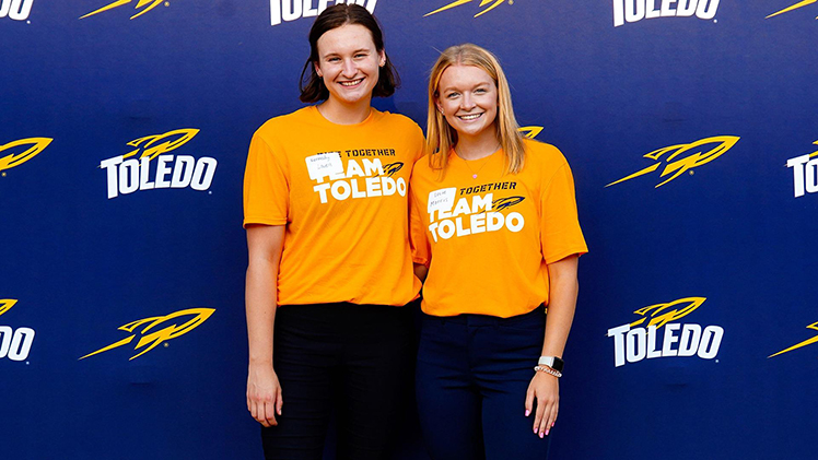 Photo of UToledo swimmers, from left, Kennedy Lovell and Lucie Morris.