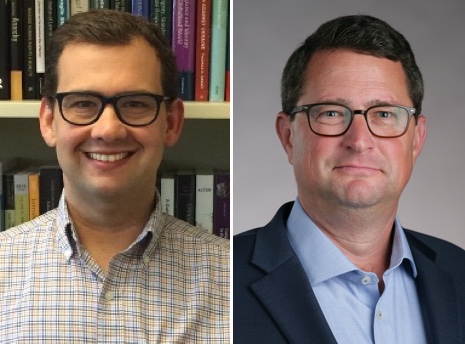 SIde-by-side headshots of Dr. Joel Voss, an associate professor in the Department of Political Science and Public Administration, and Dr. Barry Jackisch, an associate professor in the Department of History and director of the Roger Ray Institute for the Humanities.