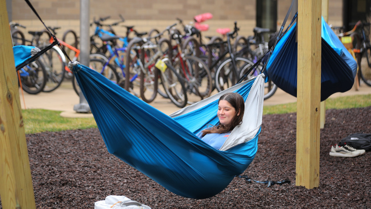 Lucy Jones, an exercise science sophomore, studies in a hammock outside Honors Academic Village during a brief period of unseasonably warm weather before Spring Break. 