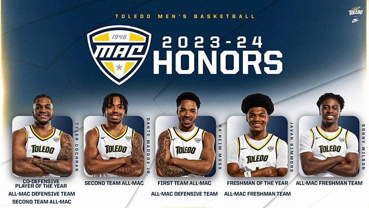 Promotional graphic announcing that all five Rocket starters received recognition from the Mid-American Conference's head coaches on Wednesday.