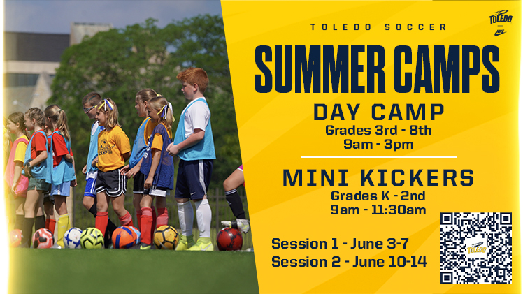 Promotional graphic announcing that the Toledo Women’s Soccer program is hosting two camps for different grade levels in June.