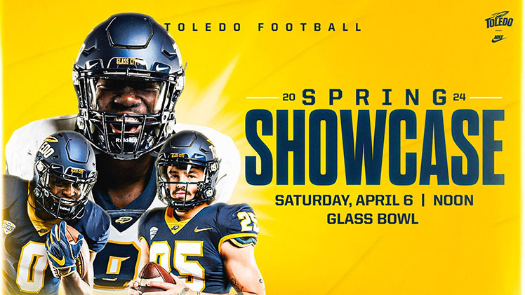Promotional graphic for the 2024 Toledo football team's annual Spring Showcase at the Glass Bowl on Saturday, April 6.