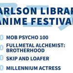 Promotional graphic for the Carlson Library is hosting their second annual Anime Festival on Thursday, March 14, in the Main Event Space on the first floor of the library. The graphic includes the times and dates of the movies to be shown.