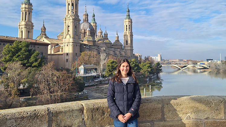 Elise Essenmacher, a junior mechanical engineering student, in a European city during a UToledo study abroad program.