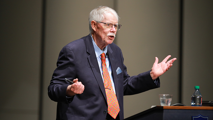 Fred Espenak, a retired NASA astrophysicist and UToledo alumnus known as “Mr. Eclipse,” shared personal stories about chasing eclipses for more than 50 years as well as what to expect during the April 8 total solar eclipse over Toledo during his Tuesday evening lecture at Doermann Theatre as part of the Doermann Distinguished Lecture.