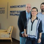 From left, Norm Rapino, executive director of Rocket Innovations, Dr. Eda Yildirim-Ayan, an associate professor in the Department of Bioengineering, and Dr. Halim Ayan, an associate professor in the Departments of Bioengineering and Mechanical, Industrial and Manufacturing Engineering.