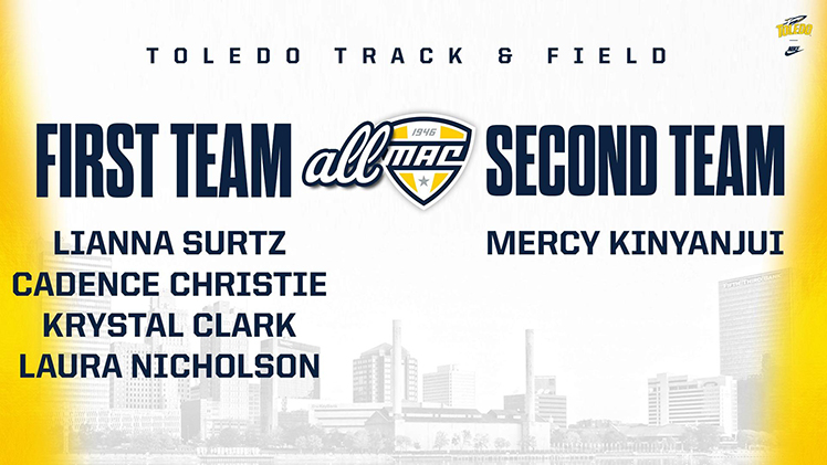Promotional graphic announcing that Toledo Track and Field members Lianna Surtz, Cadence Christie, Krystal Clark, Laura Nicholson and Mercy Kinyanjui received All-MAC honors for their performances at the 2024 Mid-American Conference Indoor Track & Field Championships in Ypsilanti, Mich.