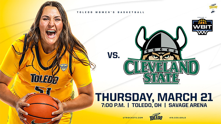Promotional graphic announcing the Toledo Women’s Basketball team’s WBIT game on Thursday, March 21, in Savage Arena. Time is 7 p.m..