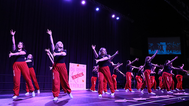 Members of the Chi Omega sorority perform their first-place routine during Saturday’s 87th annual Songfest.