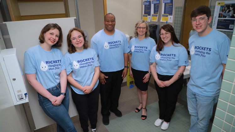 From left to right, Abbie Ragan, Student Government senator and director of Period Equity; Addie Reed, Student Government senator; Dr. Sammy Spann, vice president of student affairs and dean of students; Dr. Julie Fischer-Kinney, executive director of Student Experience; Danielle Lutman, associate director of the Eberly Center; and Ryan Gibson, Student Government senator.