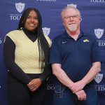 From left, Jada Alcantara, a senior graduating Saturday with a bachelor’s degree in cosmetic science and formulation design, was Student Employee of the Year. Tim Sanderson, senior technology support administrator in the College of Health and Human Services, was Supervisor of the Year.