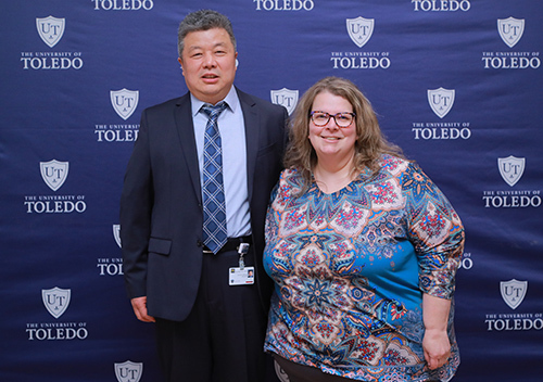 Recipients of the Outstanding Advisor Award are, from left, Dr. Jiayong Liu, an associate professor in the Department of Orthopedic Surgery in the College of Medicine and Life Sciences; and Heather Tessler, director of Student Services in the College of Health and Human Services.
