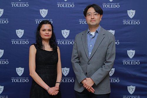 Recipients of the Edith Rathbun Award for Outreach and Engagement are, from left, Dr. Anju Gupta, an assistant professor in the Department of Mechanical, Industrial and Manufacturing Engineering in the College of Engineering; and Dr. Youngwoo Seo, a professor in the Department of Chemical Engineering in the College of Engineering.
