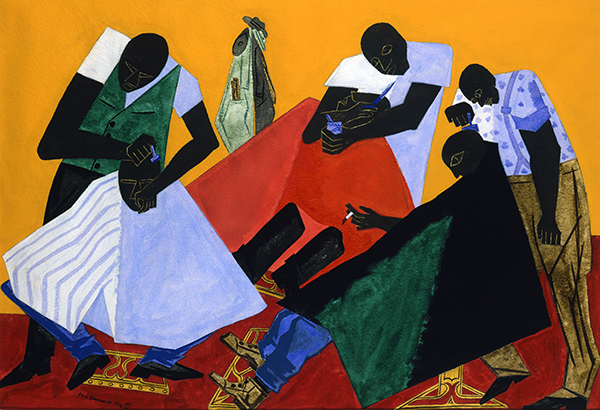Jacob Lawrence (American, 1917-2000), “Barber Shop,” 1946. Gouache, 21-1/8 x 29-3/8 inches (53.6 x 74.6 centimeters).Toledo Museum of Art, purchased with funds from the Libbey Endowment, Gift of Edward Drummond Libbey, 1975.15.