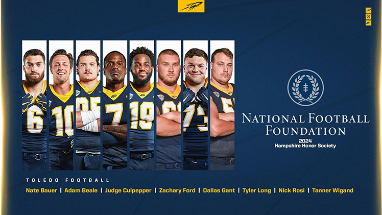 Promotional graphic announcing that the Toledo football program has eight student-athletes named to the National Football Foundation's Hampshire Honor Society.