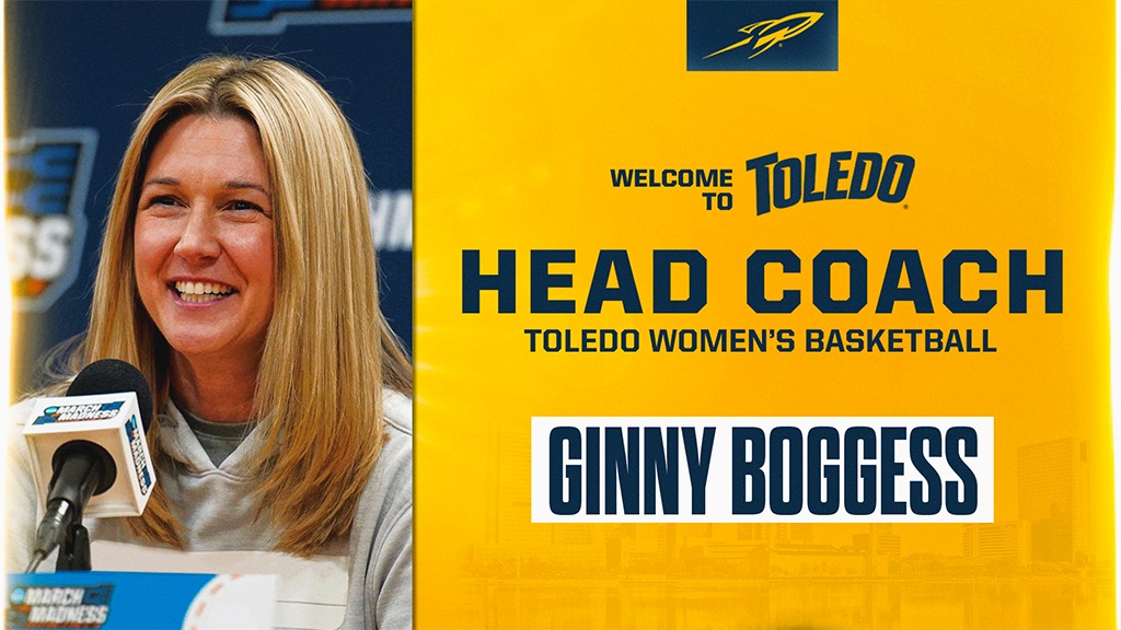 Graphic reading Welcome to Toledo Head Coach announcing Ginny Boggess as new Women's Basketball Coach with her photo.