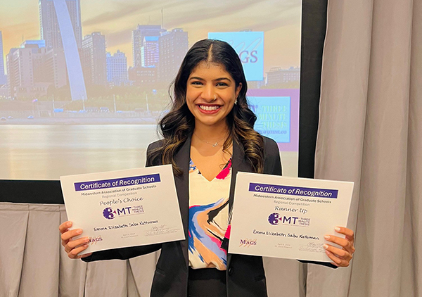Emma Elizabeth Sabu Kattuman, a Ph.D. student in physiology and pharmacology in the College of Medicine and Life Sciences, was honored as the runner-up and recipient of the People’s Choice Award at the Three Minute Thesis Competition regional competition held by the Midwestern Association of Graduate Schools in St. Louis on April 5.