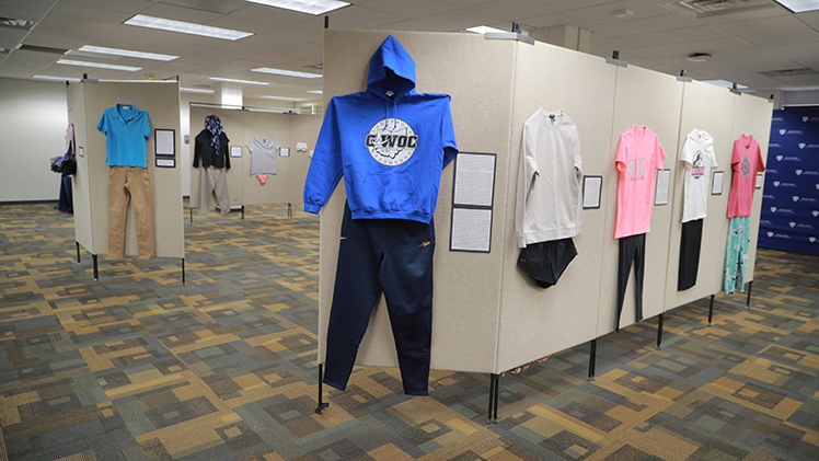 A photo of an outfit in the “What Were You Wearing?” spring 2024 installation in Carlson Library Room 1005