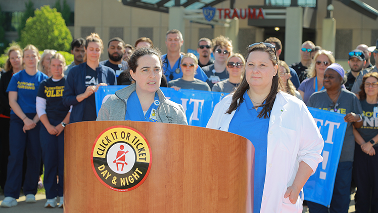 Dr. Aela Vely, medical director for trauma and surgical critical care at The University of Toledo Medical Center, speaks about the importance of seatbelt use during Monday press conference at UTMC.