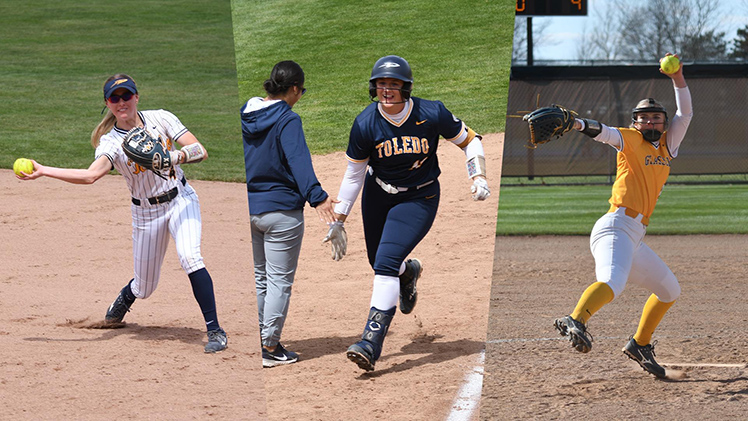 From left, individual photos of UT softball players Sidney Griffith, Riley Mohr and Mady Yackeee earned postseason honors for their performance during the 2024 season.
