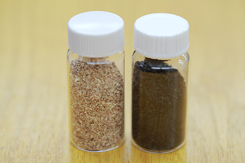 A sample of corncobs, left, and activated charcoal.