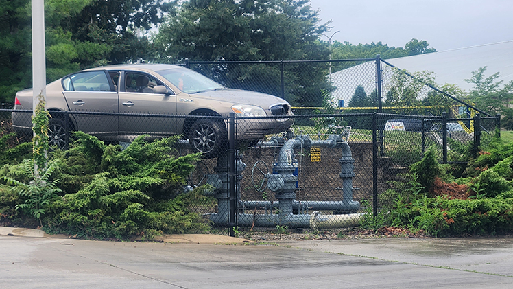 A driver traveling northbound on Douglas Road lost control of their vehicle on Sunday, June 2, ultimately coming to a stop atop the gas regulator station near Savage Arena.