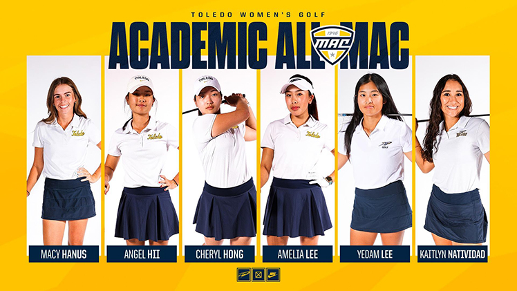 Promotional graphic announcing that The University of Toledo women's golf program placed six student-athletes on the Academic All-MAC team.