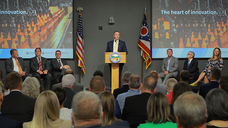 Interim President Matt Schroeder speaks during a Monday news conference with Ohio Gov. Mike DeWine announcing the new Northwest Ohio Glass Innovation Hub.