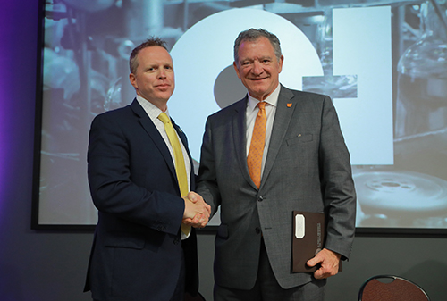 UToledo Interim President Matt Schroeder and BGSU President Rodney K. Rogers spoke at Monday’s news conference. UToledo and BGSU are the lead academic partners on the Ohio Department of Development effort to strengthen the region’s leadership in glassmaking and solar energy technology.
