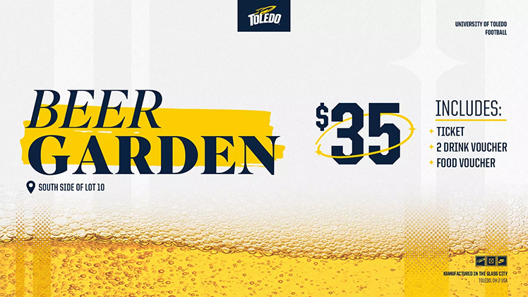 Promotional graphic announcing that The University of Toledo Athletics Department has announced the launch of a brand-new Beer Garden experience for Rocket football home games as well as the release of single-game ticket sales to the public on Thursday, July 18.