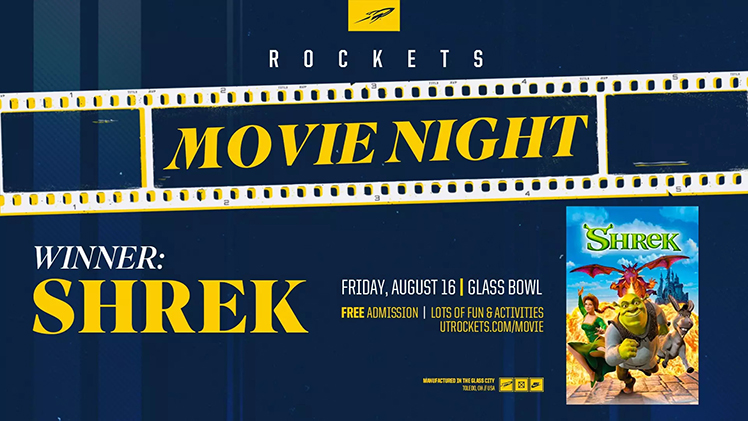 Promotional graphic for The University of Toledo's free movie night, which will be showing “Shrek” in Glass Bowl Stadium on Friday, Aug. 16.