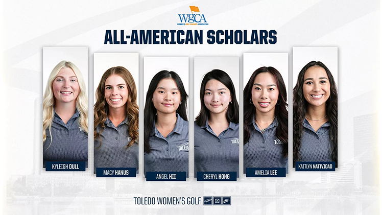 Promotional graphic announcing that Toledo Women's Golf had six All-American Scholars.