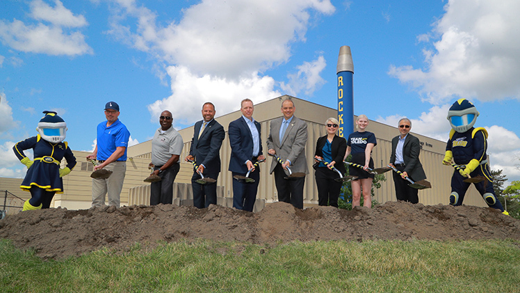 Participating in the groundbreaking ceremony, from left, were Rob Lowenstein, project manager at A.A. Boos and Sons; Ahmed Hamid, senior principal director of technical services at DGL Consulting Engineers; Jason Toth, senior associate vice president for administration at UToledo; UToledo Interim President Matt Schroeder; Toledo Mayor Wade Kapszukiewicz; Ohio Rep. Michele Grim; Ashley Westgate, vice president of UToledo Student Government; and Dr. Mohammad Elahinia, interim dean of UToledo's College of Engineering.