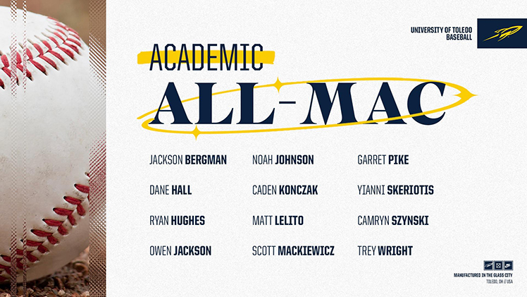 An Athletics promotional graphic announcing that Twelve student-athletes of the Toledo baseball program earned Academic All-MAC honors for the 2024 season.