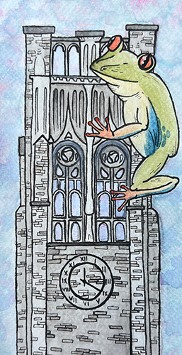 Watercolor painting of a giant frog climbing UToledo's iconic Bell Tower.