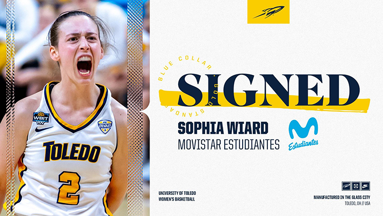 Graphic announcing that former Toledo women's basketball standout Sophia Wiard will begin her professional basketball career with Spain's Movistar Estudiantes, as she recently signed a professional contract to play with the club.