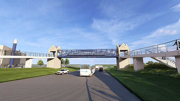 An artist's rendering of UToledo's new pedestrian bridge over Douglas Road that will more directly connect the University’s engineering buildings to the rest of Main Campus.