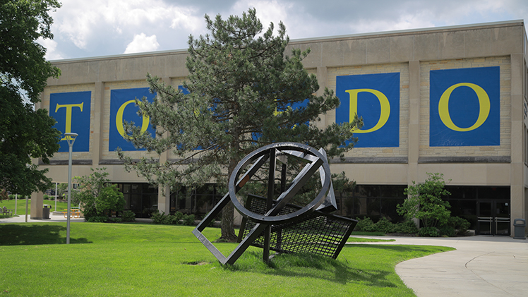 “Gateway,” by artist Ray Katz, located at the west end of Centennial Mall, is one of several new sculptures temporarily installed on Main and Health Science Campuses.