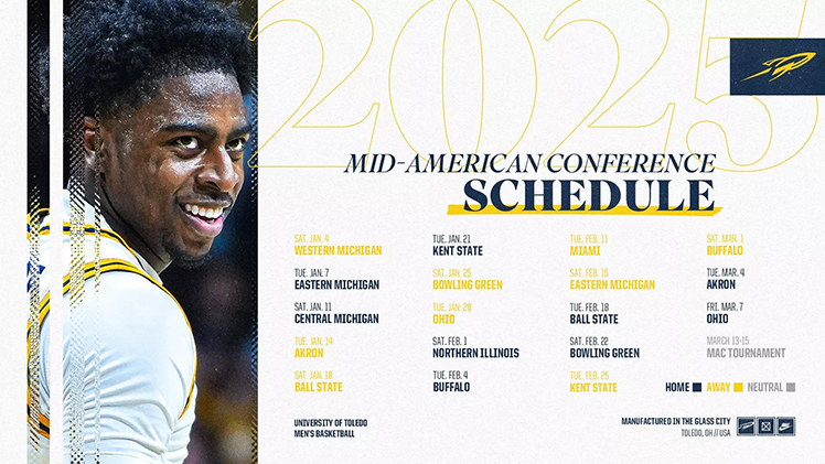 Promotional graphic for the Toledo men's basketball team with its complete schedule for the 2024-25 season.