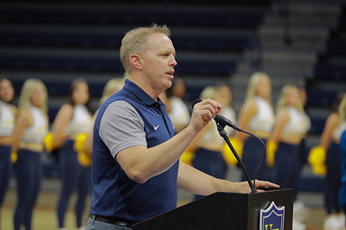 Interim President Matt Schroeder addresses incoming UToledo students during the 2024 convocation at Savage Arena. 