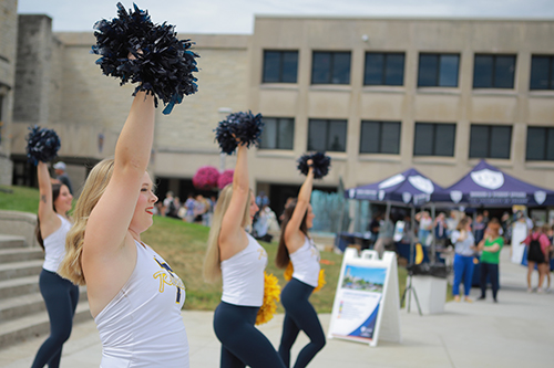 UToledo cheerleaders perform during the fall 2024 pep rally to kick off the first football game.