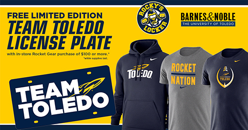 Promotional graphic for the Team Toledo limited-edition license plate available at Rocky’s Locker in the Thompson Student Union or The University of Toledo Official Bookstore at Gateway. 