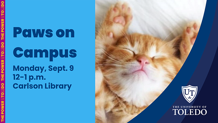 Promotional graphic with a photo of a happy kitty for Paws on Campus, Monday, Sept. 9, from noon to 1 p.m. in Carlson Library.