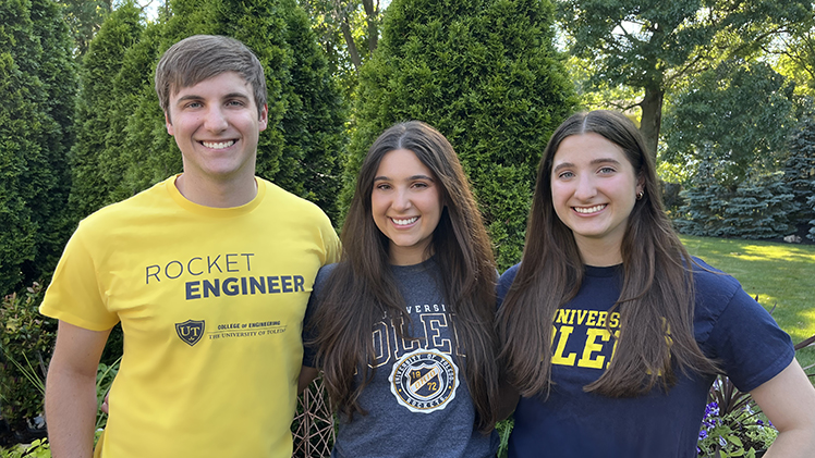 Group photo of siblings Dominick, Sophia and Cecilia Soehnlen, from North Canton, who have found success as UToledo students and a career path through the College of Engineering’s bioengineering B.S. to M.S. program.