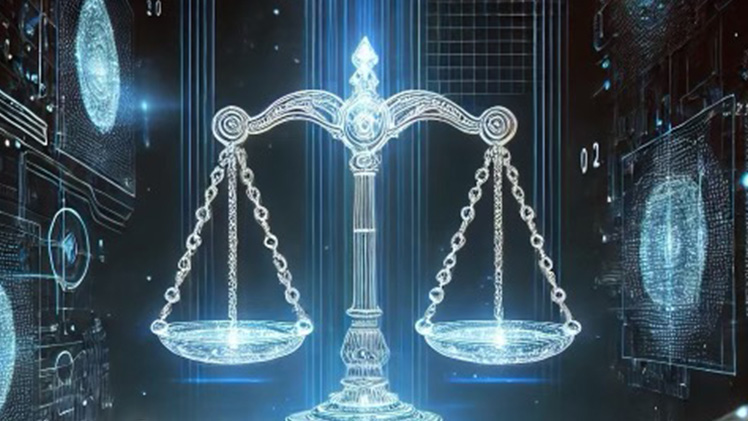 Promotional graphic for upcoming “Beyond the Code: Ethical and Regulatory Dimensions of AI in Law” symposium with a computer-generated justice scale with computer coding in the background.