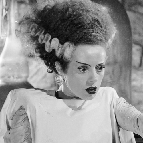 A black-and-white photo of the Bride of Frankenstein from the classic 1935 film.