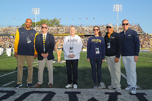 The Alumni Association also recognized its three top Homecoming Gala award winners. From left, William Pierce, associate vice president of alumni engagement, Jeffrey Traudt, the Gold T award recipient; Carol Thomas, the Daniel J. Saevig Blue T award recipient; Dr. Gabriella Pardee, the Edward H. Schmidt Outstanding Young Alum award recipient; Alumni Association President André Swinerton; and Interim President Matt Schroeder.