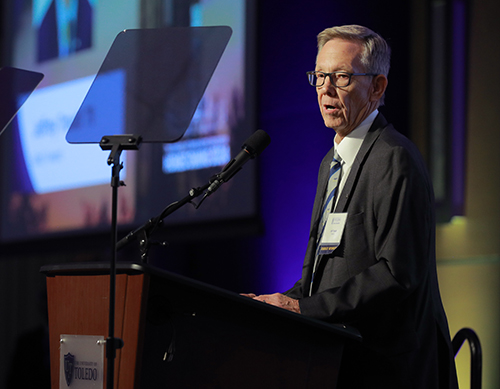 The University of Toledo Alumni Association;s Homecoming Gala recognized distinguished graduates including Jeffrey Traudt, who received his bachelor of marketing in 1979, with the Gold T award winner, who is speaking at the event.